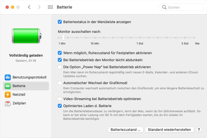 Mac Systemeinstellungen Batterie