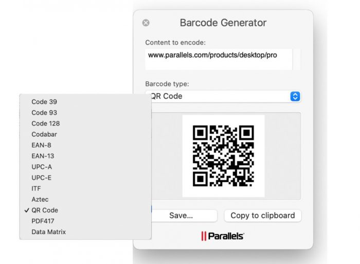 Parallels Toolbox Barcode