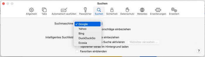 Safari Suchmaschine Auswahl