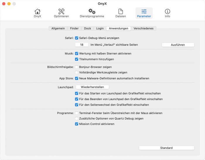 Onyx Screenshot Mac Anwendungen
