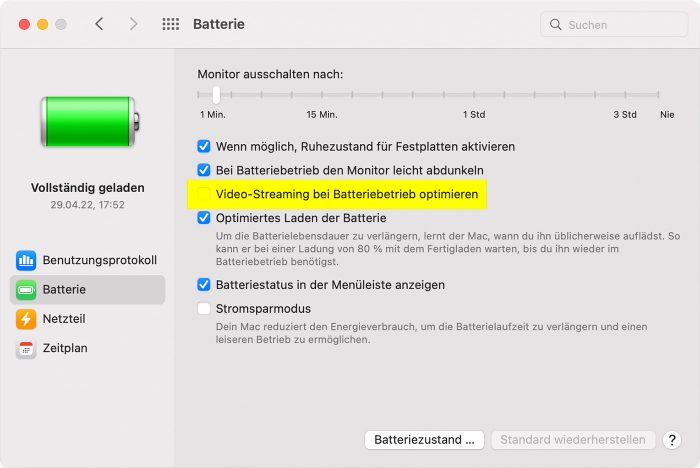 Macbook Batterie Einstellungen Video Streaming