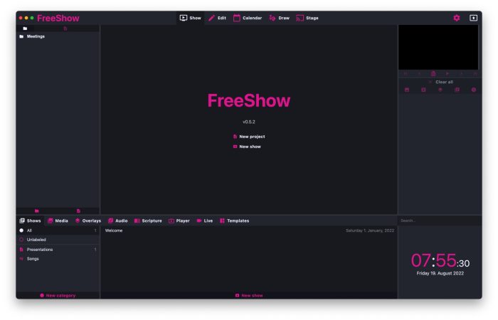 Freeshow Startbildschirm