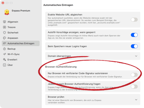 Enpass Einstellungen Browser Sicherheit
